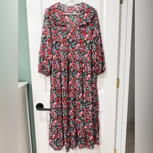 Zara Red and Black Floral Long Sleeve Maxi Dress